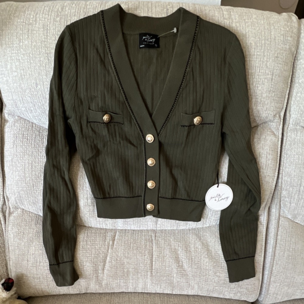 Molly & Honey knit cardigan, olive, button front, pockets, long sleeve, women